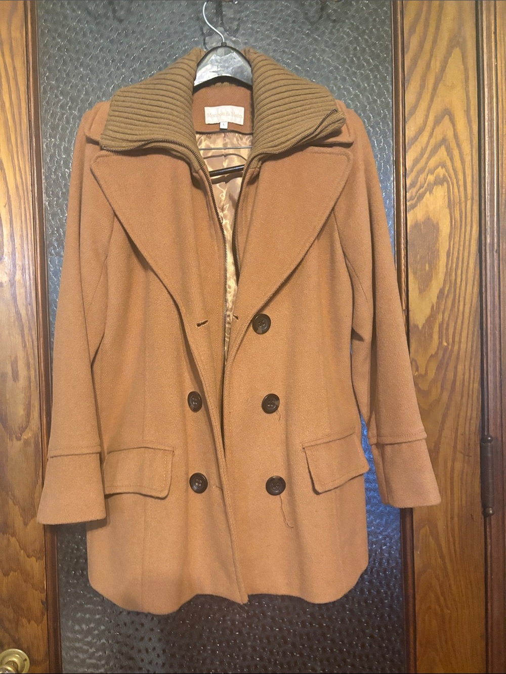Monroe & Main Camel Double-Breasted Pea Coat with Ribbed Shawl Collar